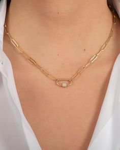 14k Gold Large Paper Clip Chain with Diamond Carabiner Necklace Elegant Chain Link Necklaces With Carabiner Clasp, Carabiner Necklace, Necklace Sizes, Paper Clip, Or Rose, Beautiful Necklaces, Yellow White, Natural Diamonds, Jewelry Box