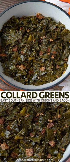 collard greens in a white bowl with bacon on top and the same side dish