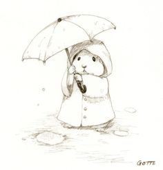 a drawing of a person in the rain holding an umbrella and standing in the water