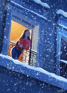 a woman standing on a balcony looking out the window at snow falling all around her