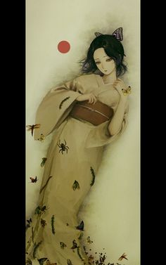 a painting of a woman in a kimono with butterflies all over her body and head