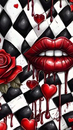 a red rose and some black and white checkerboard with lipstick on it,