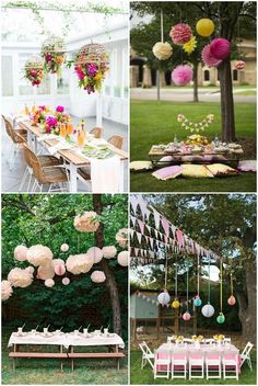 a collage of different pictures with flowers and decorations on the table, hanging from trees