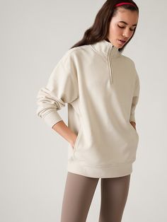 Forever Fleece 1/4 Zip Sweatshirt | Athleta Bra Dress, Bone Color, Swim Accessories, Zip Sweatshirt, 1/4 Zip, Jacket Tops, Oversized Fits, Lounge, Relaxed Fit