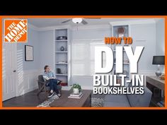 a woman sitting on a chair in front of a bookshelf with the words how to diy built - in bookshelves