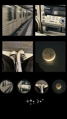 four different pictures with the same person's feet in front of a train and moon