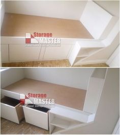 two pictures showing the inside and outside of a storage unit with drawers, shelves, and doors