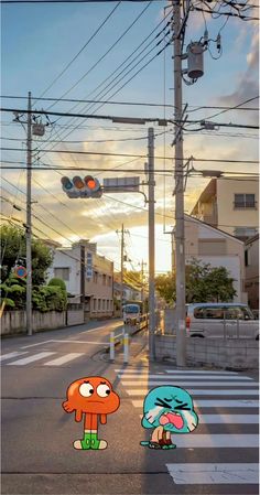 two cartoon characters are crossing the street at an intersection with traffic lights and telephone poles