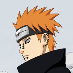 an anime character with orange hair and piercings on his head looking to the side