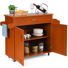 a kitchen island with wine rack and food on it's side, in front of a white background