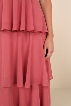 Make it an event to remember with the Lulus Amazing Evening Dark Rose Pink Tiered Maxi Dress! Lightweight and flowy woven chiffon shapes this dress that has wide straps and a V-neckline and back. Pleating accents the cups and banded waist atop a tiered maxi skirt. Hidden back zipper/clasp. Fit: This garment fits true to size. Length: Floor length. Size medium measures 61.50" from shoulder to hem. Bust: Great for any cup size. Waist: Fitted - very fitted at natural waist. Hip: Not Fitted - fuller skirt allows room for hips. Undergarments: May be worn with petals, or no bra. Fabric: Fabric has no stretch. Fully lined. Shell: 100% Polyester. Lining: 100% Polyester. Hand Wash Cold. Do Not Bleach. Line Dry. Iron Low Heat. Imported. Lulus | Amazing Evening Dark Rose Pink Tiered Maxi Dress | Size Long Dress Bridesmaid, Dress With Pleats, Homecoming Dresses Long, Dark Rose, Tiered Maxi Skirt, Chiffon Maxi, Chiffon Maxi Dress, Tiered Maxi Dress, Long Bridesmaid Dresses