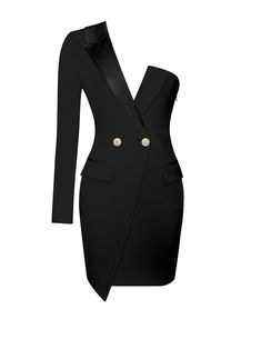 Keep  it savvy in this black crepe tuxedo dress . This one shoulder dress is fully lined with Satan detailing , an invisible zipper , and two gold intricate buttons along the front . Keep it simple with your accessories and let the dress do the talking ! Materials: Stretch Crepe Stretch Factor: 2/3 Clean: Dry-clean on Fitted Dressy Blazer Dress For Formal Events, Dressy Blazer Dress For Party, Dressy Tailored Blazer Dress For Evening, Tailored Elegant Jacket Dress For Party, Elegant Tailored Jacket Dress For Party, Tailored Evening Blazer Dress, Dressy Tailored Blazer Dress For Party, Chic Tailored Jacket Dress For Party, Tailored Dressy Blazer Dress For Party