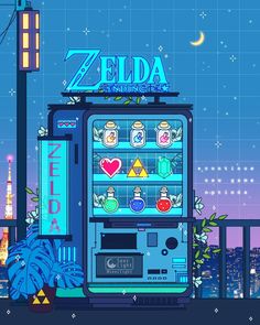 the legend of zelda vending machine is on display in front of a cityscape