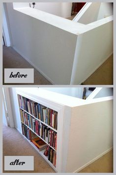 before and after shots of a bookshelf built into the side of a wall