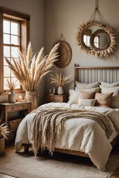 a bedroom with a large bed and two mirrors above it's headboard, in front of a window