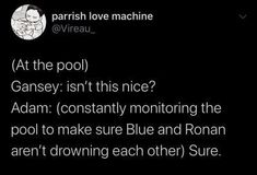 the text on the screen reads, at the pool gansey isn't this nice? adam constantly monitoring the pool to make sure blue and roman aren't