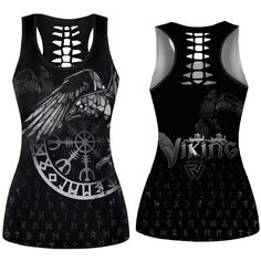 Viking Hollow Tank Top Raven Helm Of Awe Black Stretch Top For Outdoor, Black High Stretch Tops For Outdoor Activities, High Stretch Black Tops For Outdoor Activities, High Stretch Black Top For Outdoor Activities, Black Athletic Fit Top For Outdoor, Black Stretch Top For Outdoor Activities, Fitted Tops For Summer Outdoor Activities, Fitted Tops For Outdoor Summer Activities, Fitted Gym Tops With Sublimation Print