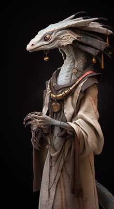 a statue of an alien man with horns and headdress holding a knife in his hand