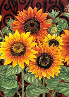 a painting of sunflowers on a red background