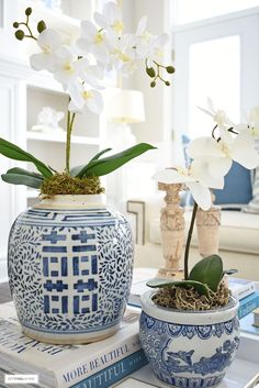 two blue and white vases with flowers in them sitting on a table next to books