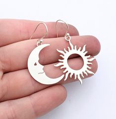 Sterling silver earrings with plastic backings. The moon and sun earrings are approximately 1" by 1". These are hand-cut, one by one, so both will be different. Each one will have a unique quality, but are cut around the same shape as displayed. **Earrings are made to order, and will be a new set of handmade earrings rather than the ones displayed. These are sawed, filed, sanded, and polished. These feel soft and smooth to the touch. All processes are completed by hand and with love. This item w Moon And Sun Earrings, Goddess Earrings, Astrology Gifts, Sun Earrings, Moon And Star Earrings, Moon And Sun, Astrology Gift, Bird Earrings, Celestial Jewelry