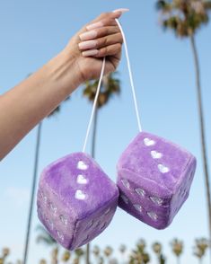 two purple dices hanging from strings with palm trees in the background