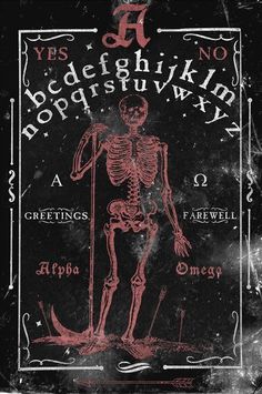 the skeleton is standing in front of an old fashioned alphabet and numbers sign with red ink