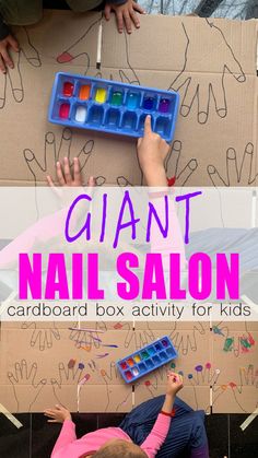 two children playing with giant nail salon cards in front of a cardboard box that says giant nail salon card board box activity for kids