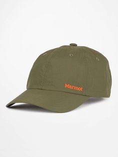 the marmot hat in khaki green with an orange patch on the front