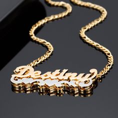 DOUBLE * PLATED * NAME * NECKLACE Presenting our exquisite Double Plated Name Necklace--a personalized 3D nameplate necklace crafted with a luxurious 14K gold plated finish. This two-tone necklace is a stylish and sentimental piece, perfect for any occasion. Celebrate her uniqueness with this stunning accessory that adds a touch of elegance to her everyday look. PRODUCT DETAILS * Material: High-quality Stainless Steel * Finish: Silver, Gold, Rose Gold * Feature: Adjustable * Package: Comes With A Jewelry Box. NECKLACE LENGTH 16 Inches (40CM) + 2 Inches Extension 18 Inches (45CM) + 2 Inches Extension 20 Inches (50CM) + 2 Inches Extension QUALITY ASSURANCE Your satisfaction is our top priority. We use high-quality materials that are made to last. Each piece of jewelry is made with care and a Double Name, Arabic Jewelry, Name Plates, Jewelry Charms Pendants, Nameplate Necklace, Gold Name Necklace, Photo Necklace, Necklace Craft, Name Jewelry