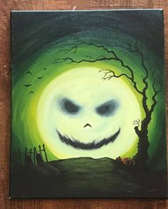 a painting of a creepy pumpkin face on a green and black background with bats in the sky