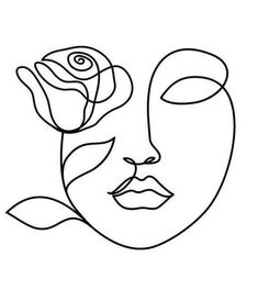 a line drawing of a woman's face with a rose in her hair and the shape of a mask