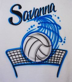 a white shirt with blue writing and a volleyball on it