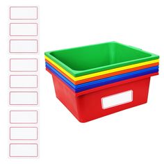 a stack of colorful plastic containers with labels on the bottom and below each container are shown