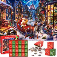 a christmas jigsaw puzzle with santa riding in his sleigh