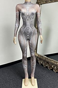 Fitted Printed Bodysuit For Party, Printed Fitted Bodysuit For Party, Elegant Party Unitard With Stretch, Black Printed Bodysuit For Party, Elegant Fitted Unitard For Party, White Bodycon Bodysuit For Parties, White Fitted Bodysuit For Party, White Stretch Unitard For Party, Stretch White Unitard For Parties