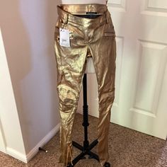 Brand New Gold Lemay Stretch Lambskin Size 40 Brand New Inseam 33 Length 40 Gold Pants For Fall, Fitted Straight Leg Gold Pants, Gold Fitted Straight Leg Pants, Gold Fitted Trousers, Gold Fitted High-waisted Pants, Gold Sequin Pants, Balmain Pants, Sequin Pants, Gold Sequin