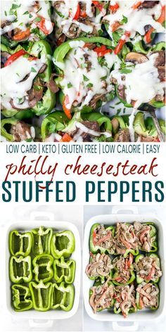 low carb keto cheesesteak stuffed peppers in white casserole dishes