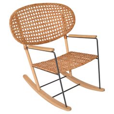 a wicker rocking chair with black metal frame and wooden slatted backrest