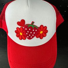 Trucker Hat Red Strawberry Hat With Flowers And Heart Patches New Without Tags Polyester, Cotton And Sponge Handwashing Only Snap Closure Circumference Of The Trucker Hat Is Approx. 56cm/22.05 In To 62cm/24.41 Inch The Brim Of The Hat Is 7.5 Cm/2.95 Inch And Features Adjustable Buckle The Back Is Mesh Red Hats For Spring Gifts, Red Mini Hats For Spring, Red Spring Hat As Gift, Red Spring Hat For Gift, Red Hats As Spring Gift, Red Spring Hats As Gift, Casual Red Brimmed Mini Hats, Red Summer Hats For Gifts, Red Summer Hats As A Gift