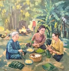 an oil painting of three women sitting around a campfire with food on the ground