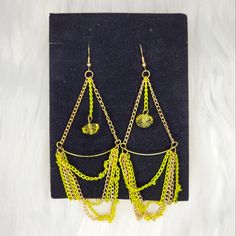 Gold & Neon Yellow Chain Earrings Trendy Green Dangle Jewelry, Yellow Metal Drop Earrings, Yellow Metal Dangle Earrings, Trendy Summer Gold Chain Jewelry, Yellow Bohemian Metal Earrings, Neon Yellow Drop Earrings As A Gift, Yellow Metal Hoop Earrings For Pierced Ears, Yellow Dangle Hoop Earrings With Ear Wire, Adjustable Gold Earrings With Beaded Chain