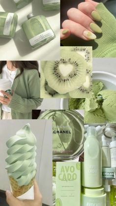 the collage shows different types of green items