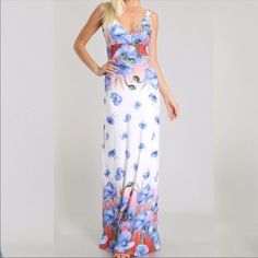 A Beautiful Floral Maxi Dress 88%Rayon, 10% Polyester, And 2%Spandex Light Weight Material But Heavy Feel Feels More Like Silk Rayon/Polyester The Dress Is Really Pretty V Neckline Approx Length Is 53". True To Size S(4-6)M(8-10)L(12) Unique Floral Design Hugs Your Curves In All The Right Places Waist Line Seams Seams Down Middle Of Back Pull On Styling Sleeveless Light Weight Fabric Model Is Wearing Actual Dress Size Small Unique Floral Design, Floral Maxi, Floral Maxi Dress, Colorful Dresses, The Dress, Floral Design, Maxi Dress, Spandex, Silk