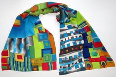 scarf on Hundertwasser motives. Hand painted silk scarf in red, green, blue painted silk. Batik scar Batik Scarf, Butterfly Scarf, Rainbow Scarf, Painted Scarf, Silk Scarf Painting, Hand Painted Silk Scarf, Silk Art, Scarf Silk, Painted Silk