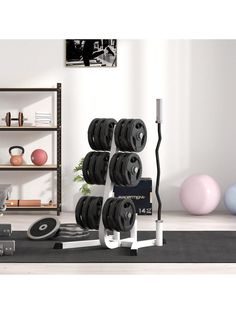 there are many different types of exercise equipment in this room, including dumbbells and weights