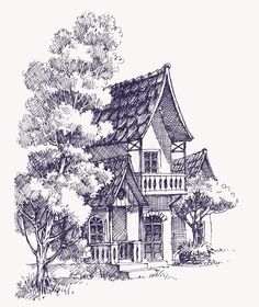 a drawing of a house in the woods