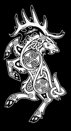 a black and white drawing of a deer with an intricate design on it's back