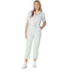 Size Xs Runs A Tad Big In Excellent Condition No Rips Tears Or Stains Front Zipper Trendy Cotton Overalls With Short Sleeves, Casual Fitted Cotton Overalls, White Fitted Cotton Denim Jumpsuit, Fitted White Cotton Denim Jumpsuit, White Fitted Casual Denim Jumpsuit, Trendy White Cotton Denim Jumpsuit, White Relaxed Fit Denim Overall Jumpsuit, White Relaxed Fit Denim Jumpsuit For Summer, Fitted Cotton Jumpsuits And Rompers