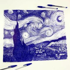 the starry night has been drawn on paper